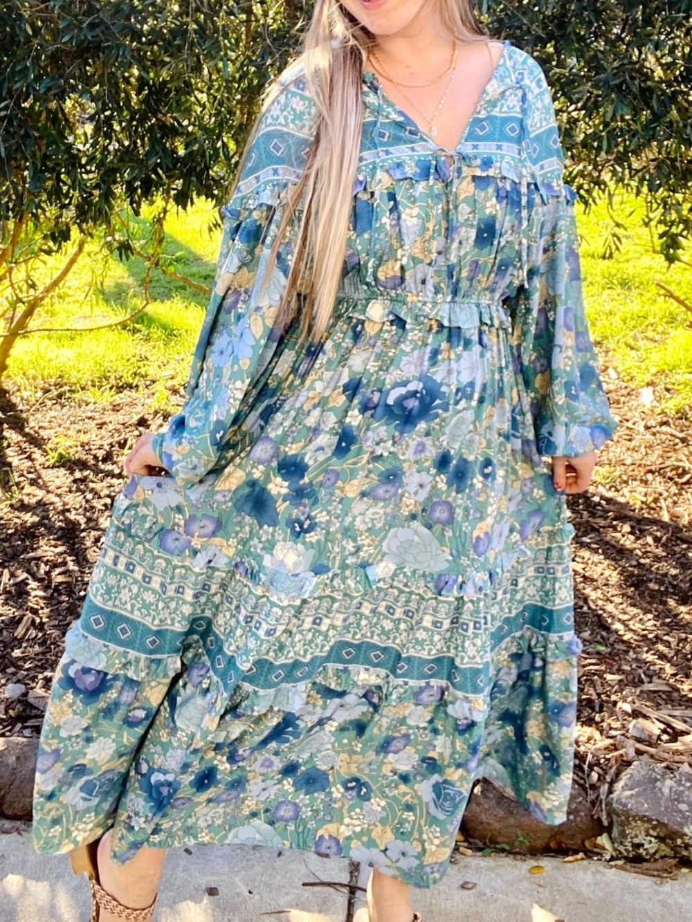 Boho Floral Tiered Maxi Dress - Blue Green Saints & Hearts Small